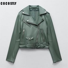 Women's Leather Faux Spring Autumn Women Jacket Fashion Blue Black Female Casual Lapel Zipper With Belt Biker Coat 220924