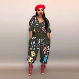 Pants Sexy Letter Print Front Open Turndown Collar Half Sleeve Jumpsuit Romper Women 2022 Spring Summer Plus Size Casual Woman Overall