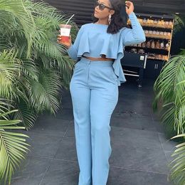 Women's Two Piece Pants Elegant Work Wear Set Fall Clothes for Women Ruffles Crop Top and Wide Leg Suits Matching Sets Sexy Club Outfits 220919