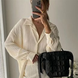 Women's Two Piece Pants Clacive Causal Loose Home Suit Autumn Long Sleeve Blouse With High Wasit Pants Set Women Elegant Pleated Beige 2 Piece Pant Sets 220919