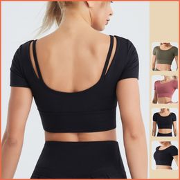 Fashion Yoga Fitness Crop Tops Tshirt For Women Gym Quick Dry Sports Short Sleeve Sexy Back Built-in Chest Pad T-shirts 20W155