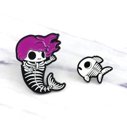 Mermaid Pins Mermaid Skeleton Fishbone Brooch Purple Hair Mermaid Fish Bone Skeleton Kids Enamel Pins Badge Brooch 2055 E3