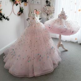 pink Girls Pageant Dress Sequined Flower Girl Dresses With Lace Appliques Illusion Long Kids Birthday Gowns For Photo Shoot