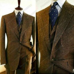 Men's Suits Herringbone Pattern Brown Men For Wedding Tuxedo 3 Pieces Single Breasted Jacket Vest Pants Groom Wear Blazer Masculino
