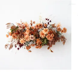 Decorative Flowers Artificial Flower Luxury Bouquet Coffee Brown Orange Color Wedding Decor Shop Window Leaves Rose Pampas Materials