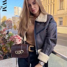 Womens Leather Faux Leather BBWM womans Fashion Thick Warm Faux Shearling Jacket Coat Vintage Long Sleeve Belt Hem Female Outerwear Chic Tops 220920
