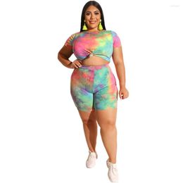 Tracksuits 2022 Summer Plus Size Women Two-Piece Set O-Neck Short Sleeve Top Bodycon Shorts Sets Tie Dye Print Casual Suits Chandals Mujer