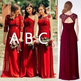 Red Bridesmaid Dresses Long Chiffon Keyhole Backless Lace Top A-Line Cap Sleeves Wedding Party boho beach Wedding Guest Dress