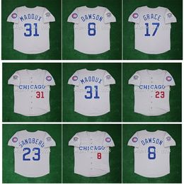 GlaVintage Baseball Jerseys Greg 31 Maddux 23 Ryne Sandberg 8 Andre Dawson 17 Mark Grace 1990 All Star Patch Grey Jersey