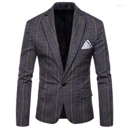 Men's Suits 2022 Fashion Casual Men Blazer Cotton Slim Fit Korea Style Suit Male Jacket Plaid Stripe High Quality