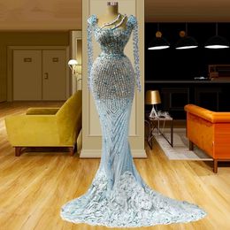 Light Blue Mermaid Prom Dresses Illusion Lace Ruffles Party Dresses Long Sleeves Beading Custom Made Evening Dress