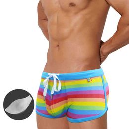 Men's Swimwear Europe America Fashion Sexy Rainbow Print Swimsuit Men With Push Pad Boxer Swimwear Summer Beach Surf Quick Dry Shorts J220913