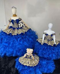 Royal Blue Quinceanera Dresses Horseshoe Lace-up corset Charro mini Mexican XV Girls Pageant Gowns Organza Prom Dress