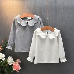 Herbst Neue Mode T-shirts Baby Kind Mädchen Pullover Langarm Blume Hals Bluse Baumwolle Solide Top Rüschen Shirts T Top kleidung 20220921 E3