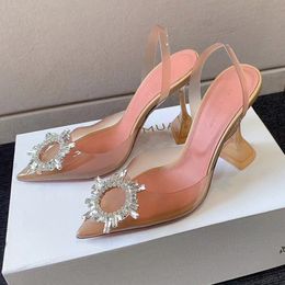 Amina Muadi PVC Sandals Heeled Shoes Dress Shoe Luxury Designer Bow Crystal-Embellished Buckle Pointed Toe Sunflower Sandal 10Cm Dinner Factory footwear With Box