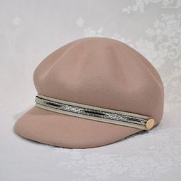 Berets 202208-chen Drop Shiny Nice Letter Rhinestone Gold Button Wool Felt Lady Octagonal Hat Women Visors Cap