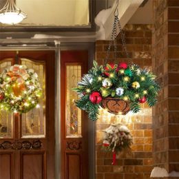 Christmas Decorations Artificial Christmas Hanging Basket Flocked With Mixed Decorations And White LED Lights Hanging Ornament Year Decorations 220921