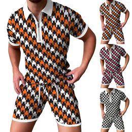 Men's Tracksuits Velour Suit Mens Men's Spring Summer Top Shorts Short Sleeve Zip Lapel Houndstooth Print Casual Fashion Sports