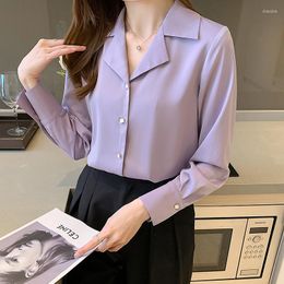 Women's Blouses 2022 Autumn Women Tops And Blouse Blusas Elegantes Purple Shirt Drooping Loose Retro Satin Long Sleeves Shirts Female Solid