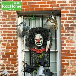 Decorative Flowers Front Door Decoration Wreath Pendant Halloween Home Outside Holiday Party Hanging Ornament Artificial Clown Decor