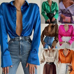 Satin Long Sleeve Blouses Women Tops 2022 Vintage Blue Green Silk Shirt Casual Loose Button Up Female Shirts Fashion Tops