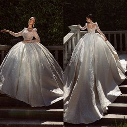 Princess Ball Gown Wedding Dresses V Neck Long Sleeves Lace Hollow Sequins Appliques Ruffles Floor Length Sparkling Bridal Gowns Plus Size Robes De Soiree