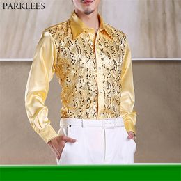 Men's Casual Shirts Shiny Gold Sequin Glitter Long Sleeve Fashion Nightclub Party Stage Disco Chorus for Chemise Homme 220920