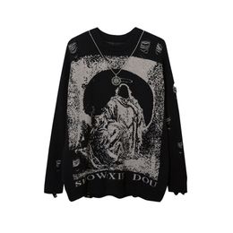 Men's Sweaters Send Necklace Ripped Oversized Sweaters Frayed Knitted Harajuku Streetwear Tops Black Gothic Men Y2k Grunge Women Red Sweater 220921