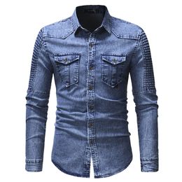 Men's Casual Shirts Spring Autumn High Quality Denim Men Long Sleeve Fit Slim Personality Pocket Black Blue plus size 3XL 220920