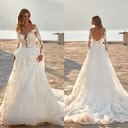 Elegant Wedding Dress A-Line Classic Lace Long Sleeves V Neck Appliques Sequins Beads Plus Size Elegant 3D Lace Ruffles Bridal Gowns Train robe custom made