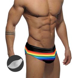 Men's Swimwear Europe America Fashion Sexy High Waist Rainbow Print Swimsuit Men With Push Pad Triangle Swim Shorts Summer Beach Surf Bikini J220913