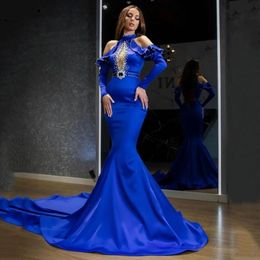 Royal Blue Satin Mermaid Evening Arabic Sparkly Crystals Beads High Neck Prom Gowns Party Dresses With Belt Robes De Soiree