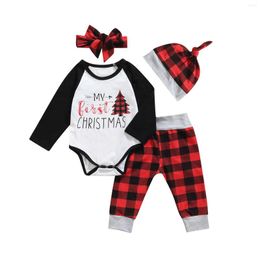 Clothing Sets 4Pcs Christmas Baby Girls Boys Outfit Letter Printing Long Sleeve Round Collar Romper Plaid Pants Cap Headwear Set