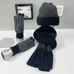 Berets Winter Wool And Velvet Warm Hat Suit European American Knitted Hats Scarves Gloves Men's 3-piece Set