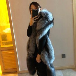 Scarves Women Luxury Real Fur Big Shawl Winter Natural Full Pelt Silver Scarf Double-sided Warm Wrap With Tail