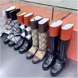 Knight Boots Boots Botas Top Burcelle Fu fuctle Mulheres High Tube Britânico Vintage Redonda Cabeça Grossa Salto 100% Classic Cleact Combation Combating Plaid