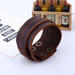 Old Way Wide Drawing Leather Bangle Cuff Multilayer Wrap Button Adjustable Bracelet Wristand for men women Fashion Jewellery