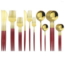 Flatware Sets Knife Dessert Fork Tea Spoon Dinner Silverware Set Kitchen Tableware 20Pcs Red Gold Cutlery Stainless Steel Dinnerware