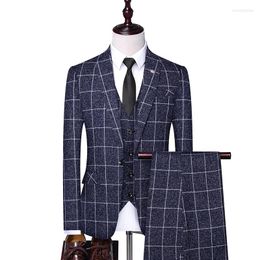 Men's Suits Men Fashion 3 Pieces Suit Spring Autumn Plaid Slim Fit Business Formal Casual Cheque Office Work Party Prom Wedding Groom
