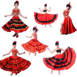 Stage Wear 2022 High Quality Satin Soft Red Black Teenager Girls Spanish Flamenco Skirt Striped Bling Ballroom Performance Dress