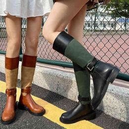 Women Thigh High Heel Boots Leather Thick Soled Niche Color Matching Long Tube Knight Womens Shoes Winter Spring Autumn