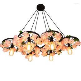 Pendant Lamps Multiple Heads Simulation Green Cherry Blossoms Wheel Chandelier For Bar Restaurant Cafe Lighting Fixtures Lamp