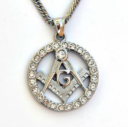 Freemason signet masonic necklace round pendants with AG emblem crystal stone hollow cut free mason charm necklace Jewellery men 316 stainless steel