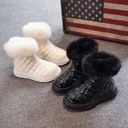 Boots Fashion Platform Soft Kids Flat Shoes Children Snow Fluffy Warm Winter Sewing Patent Leather 26 37 Boys Girls Short 220921