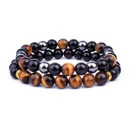 Tiger Eye Obsidian Hematite Beaded Bracelets Men Fashion Natural Stone Triple Protection Health Bangle Healing Soul Jewelry Gift