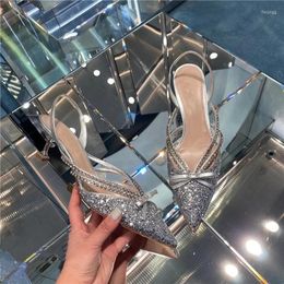 Sandals 2022 Women's Pointy Fairy Wind Back Empty High Heels Sequins Rhinestones Wedding Shoes Thin Head Women