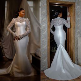 Sexy Mermaid Wedding Dresses Long Sleeves High Neck Sequins Appliques Bridal Gowns 3D Lace Sheath Satin Sexy Ruffles Bridal Gowns Sweep Train Vestido de novia