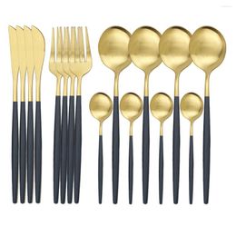 Flatware Sets 16Pcs Matte Black Gold Dinnerware Set Cutlery 304 Stainless Steel Tableware Knife Fork Spoon Silverware Kitchen