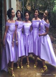 2023 Lilac Bridesmaid Dresses Off The Shoulder High Low A Line Satin Custom Made Plus Size Maid Of Honour Gown Country Wedding Wear 401 401