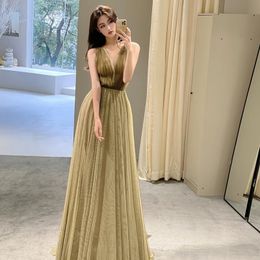 Sexy V-Neck Side Split Long Evening Dresses Long Prom Gowns Pleats Tulle